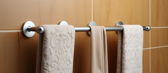 Sticker - Two towels are elegantly displayed on a wood and metal rectangle towel rack in a stylish bathroom. The hardwood rack complements the rooms fashion accessory theme