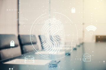 Poster - Double exposure of virtual creative fingerprint hologram on a modern boardroom background, protection of personal information concept