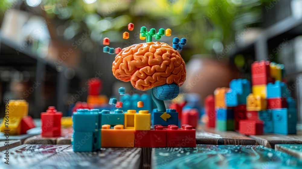 Graphic the brain, the cute child is playing with building blocks to ...