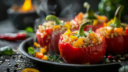 Quinoa stuffed peppers. Steaming hot. On dark background. Spicey. Nourishment.