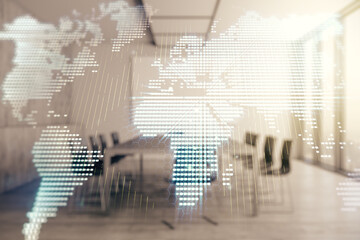Poster - Abstract creative digital world map on a modern coworking room background, globalization concept. Multiexposure