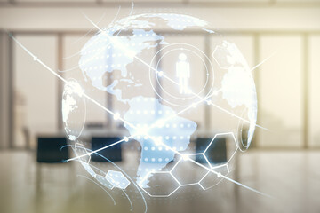 Aufkleber - Virtual social network media hologram and world map on a modern coworking room background. Double exposure