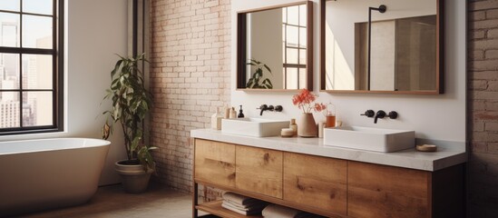 Poster - a bathroom in a house with two sinks, two mirrors, and a tub. features include wooden cabinetry, pla