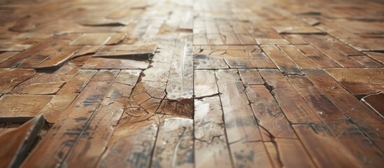 Wall Mural - Detailed shot of a hardwood plank floor with a blurry background, showcasing the natural grain pattern of the wood