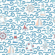 Creative childish nautical vector seamless pattern with marine cartoon elements and waves on white background. Modern nautical childrens textile design.