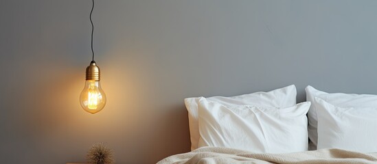 Wall Mural - Illuminated light bulb suspended over a neatly made bed with crisp white linens