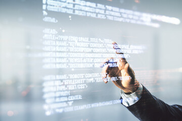 Poster - Multi exposure of man hand presses on abstract software development hologram on blurred office background, research and analytics concept
