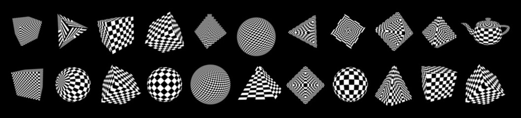 Leinwandbilder - Big Set of Graphic Design 3D Forms with Checkered Texture. Abstract Surreal 3D Shapes. Trendy Y2K Geometric Shapes. Brutalist Design Elements. Vector Illustration.