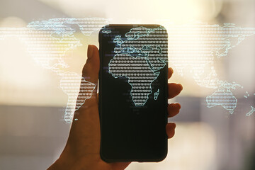 Aufkleber - Multi exposure of abstract creative digital world map and hand with phone on background, tourism and traveling concept