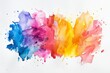 Various colors of paint splattered across a white surface, creating a vibrant rainbow effect