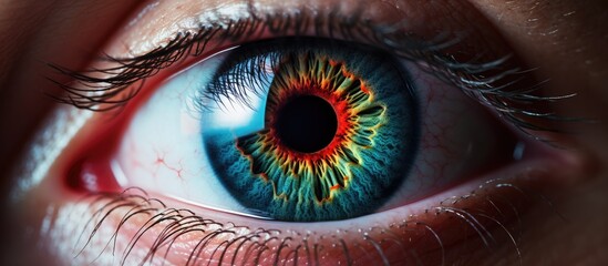 Canvas Print - Closeup photograph of a womans brown eye with an electric blue iris and a red pupil, showcasing intricate eyelashes and an intense facial expression