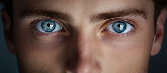 Poster - A closeup shot showcasing the mans electric blue eyes, capturing every detail from his eyelashes to the wrinkles around his eyes, perfect for macro photography and eye shadow enthusiasts