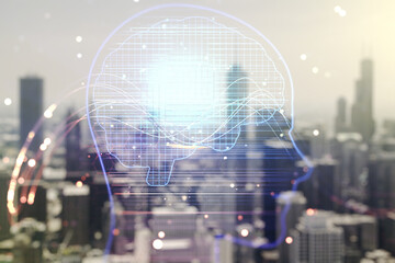 Aufkleber - Double exposure of creative human head microcircuit hologram on blurry office buildings background. Future technology and AI concept