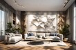 A high-end living room interior with a wall mockup presenting a customizable 3D art installation.
