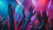 © maxdesign202 - Vibrant Hands of Music Enthusiasts Sway and Clap in Unison, Illuminated by Colorful Stage Lights. Energetic and Joyful Concert Atmosphere Concept.