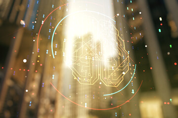 Poster - Double exposure of creative artificial Intelligence interface on modern skyscrapers background. Neural networks and machine learning concept