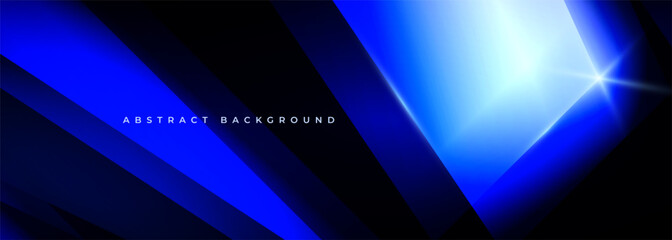 Abstract dark blue modern wide banner with geometric shapes and light rays. Dark blue luxury abstract background design template. Vector illustration