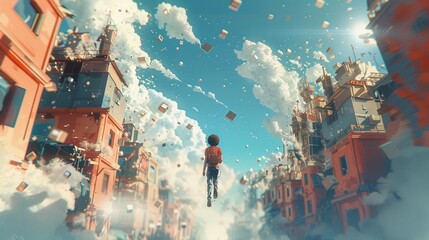 Illustrate the concept of physics at a tilted angle view in animation, showcasing a scene where characters navigate through a distorted, gravity-bending environment with seamless motion Emphasize the 