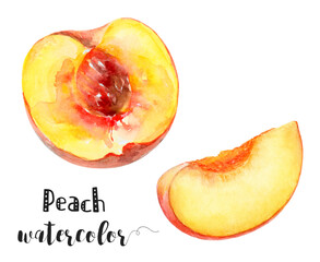 Wall Mural - Watercolor illustration of peach fruit slice close up. Design template for packaging, menu, postcards.