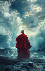 Wall Mural - A wisdom monk in full costumes stand in front of A high waves in a middle of storm heating Ocean, blue fantasy natural background