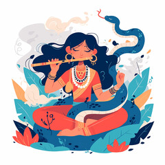 Wall Mural - A woman is sitting on a bed with a snake wrapped around her. She is playing a flute