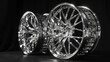 A set of custom-designed alloy wheels, with intricate spoke patterns and a gleaming chrome finish