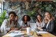 Happy multiethnic smiling business women working together in office, Generative AI