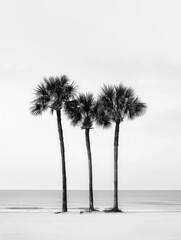  Three tall palm trees stand out against a clear sky in a black and white setting