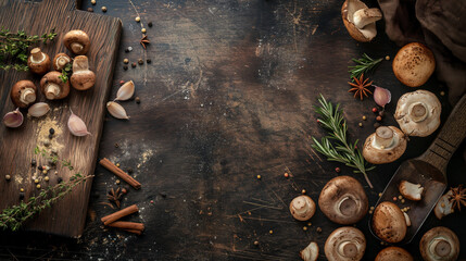 Wall Mural - Top view of fresh raw vegetables, spices, and food. Vegetables, fruits, nuts and berries, vitamins on an old wooden table. Top view. Free space for text.