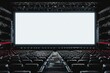 Cinema hall with auditorium watching movie on blank screen mockup. Empty monitor in film theater with viewers mock up. Premiere 3d showtime in theatre presentation template. generative ai.