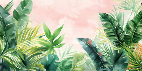 Wall Mural - Close-up nature view of palm and monstera and fern leaves background. Lying down, gloomy nature concept, tropical leaves. leaf pattern wallpaper