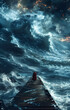 A wisdom monk in full costumes stand in front of A high waves in a middle of storm heating Ocean, blue fantasy natural background