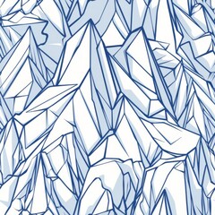 A seamless geometric pattern with simplified representations of mountain peaks in a calming blue and white color palette, conveying serenity and nature.