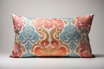 Wall Mural - Colorful decorative pillow on gray background, close-up shot.