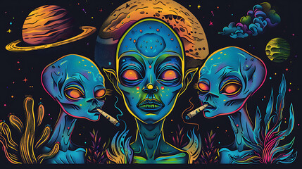 aliens in a psychedelic planet smoking a joint t shirt design, black background. generative ai