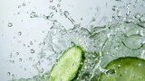Fototapeta Kuchnia - A refreshing cucumber and mint-infused water splashing against a white backdrop, with droplets creating a visually captivating effect