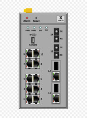 Wall Mural - Ethernet switch for DIN rail mounting. Contains 10 Ethernet RJ-45 ports, 2 fiber optic single-mode SC ports, 2 COMBO SFP+RJ-45 ports, one USB console port. At the top is the power connector.