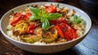 © Juan - A vibrant dish of roasted eggplant, peppers, and tomatoes served over white rice, garnished with fresh herbs.