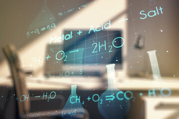 Poster - Creative chemistry hologram and modern desk with computer on background, pharmaceutical research concept. Multiexposure