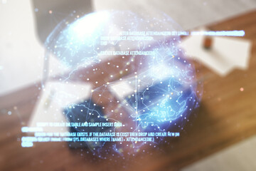 Aufkleber - Abstract creative coding concept with world map and modern desktop with computer on background. Multiexposure