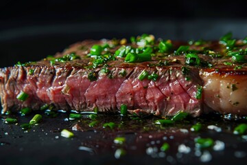 Sticker - Flat Iron Steak with Fresh Herbs on Dark Background, Side View