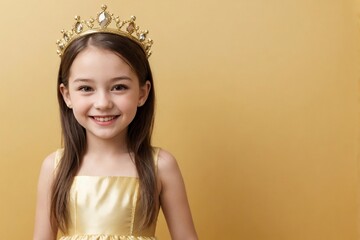 Wall Mural - Happy little girl in a fancy dress and a crown standing on a yellow background with copy space.