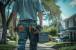 A muscular plumber carrying a toolbox in a residential neighborhood.