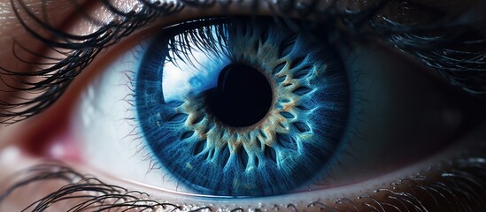 Sticker - A closeup of a human eye with electric blue iris, dark eyelashes, and symmetrical circle shape. The intricate details capture the artistry of the human body