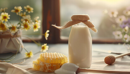 Bottle with milk and honey on table