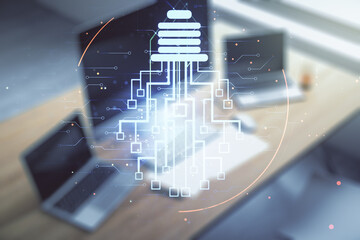 Poster - Creative light bulb illustration with microcircuit and modern desktop with pc on background, future technology concept. Multiexposure