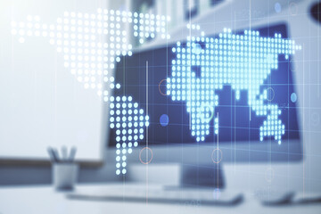 Poster - Multi exposure of abstract graphic world map and modern desk with computer on background, connection and communication concept