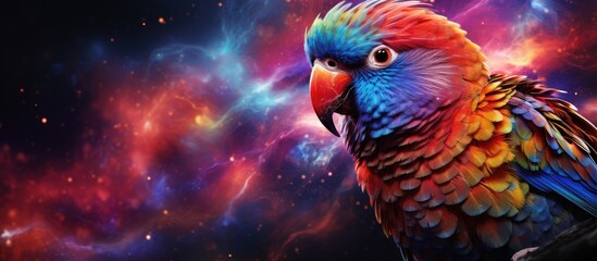 Wall Mural - A vibrant parrot perches on a branch against a backdrop of electric blue and magenta hues. Its colorful feathers, beak, and wings create an artistic scene in nature