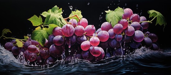 Sticker - Grapes cascading into water against a dark background, creating a visually striking contrast. A natural event captured in an artistic composition