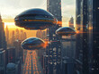 Futuristic cityscape with hover cars in motion ,